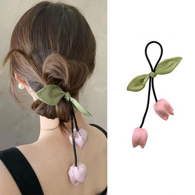 New Sweet Flower Bud Pink Tulip Hair Rope for Women Cloth Bowknot Flower Tassels Elastic Hair Band Accessories Gifts