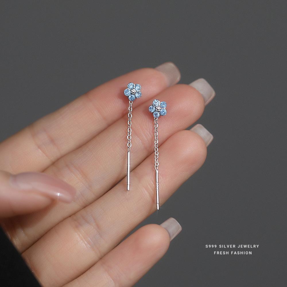 

S999 Sterling Silver Blue Zircon Flower Tassel Earrings for Women Long Shiny Sweet Korean Simple Versatile Earrings серебряный