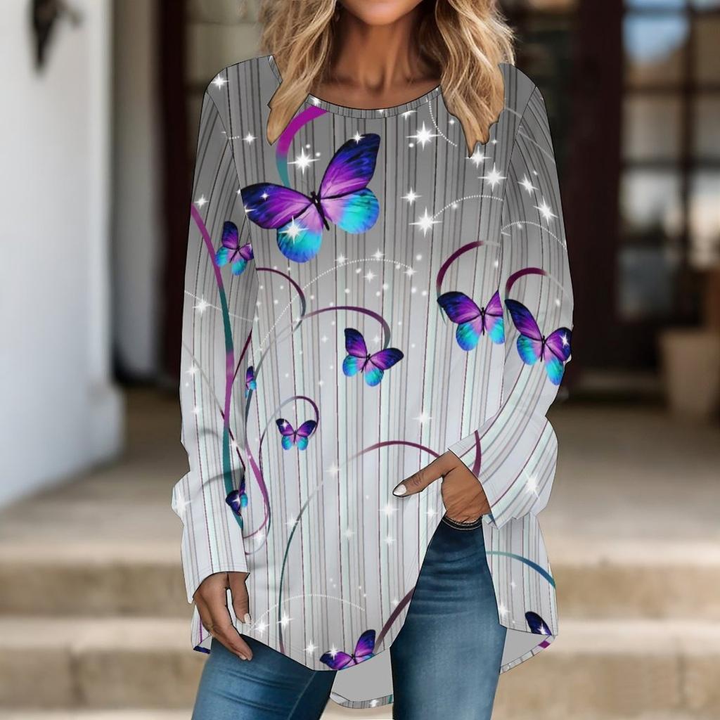 Women Long Sleeve Tunic Top Print Crew Neck Loose Fit Blouse With Pockets Casual Daily Wear Ladies Tops