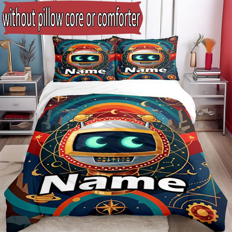 3pcs Duvet Cover Set (1*Duvet Cover + 2*Pillowcase, Without Core), Custom Name Cosmic Bot Crew Pattern Bedding Set, Home Bedroom Decor Gift