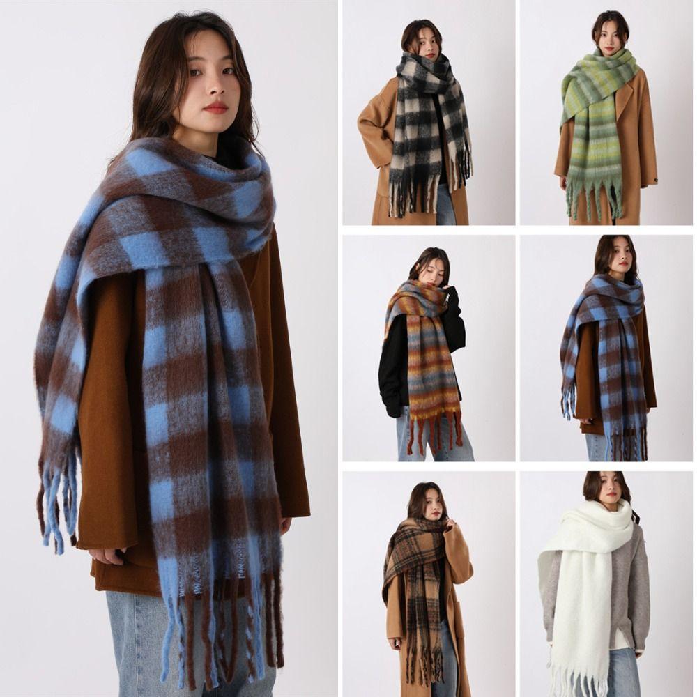 Mohair Winter Cashmere Scarves Plush Long Shawl Classic Plaid Wool Scarf  Autumn Winter