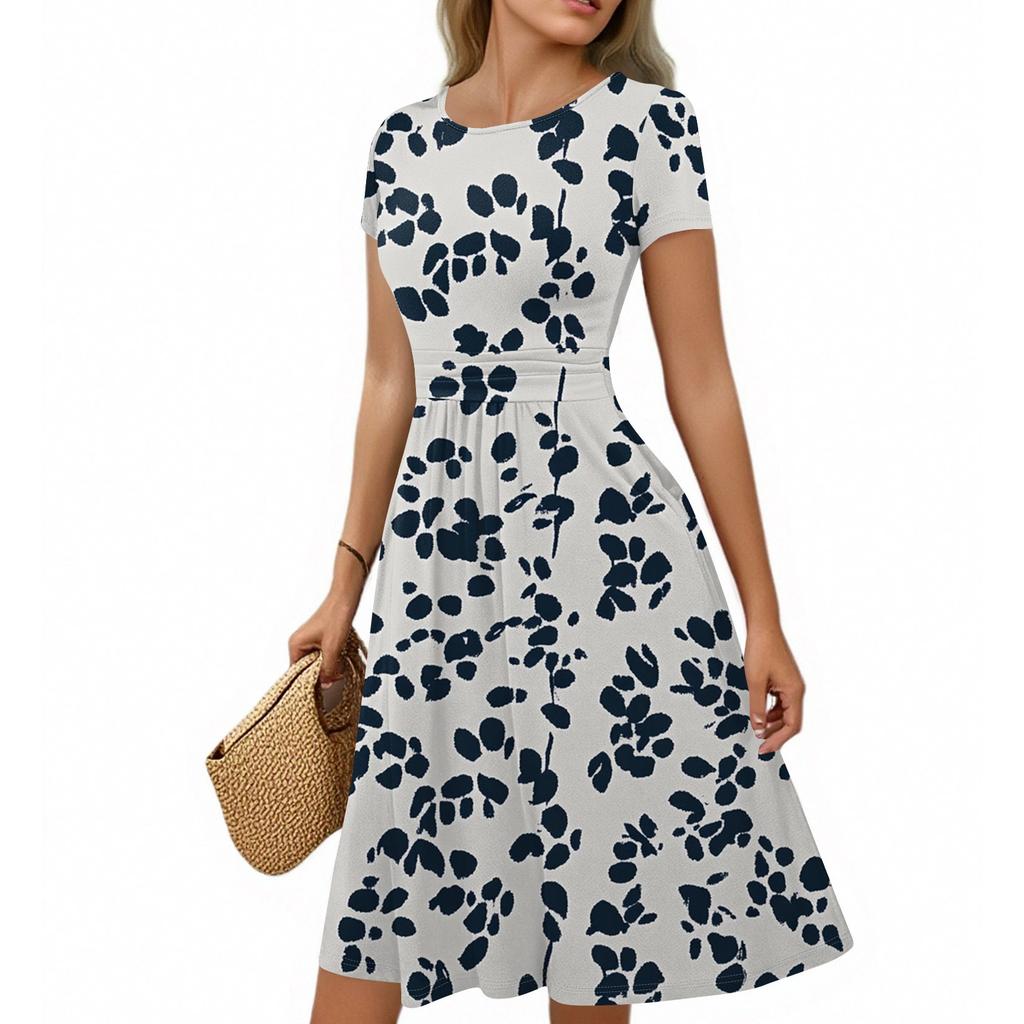 Damen Freizeitmode Rundhals Plissee Kurzarm Retro Floral A-Linie Midi Kleid