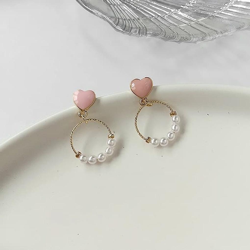 Silver Needle Pearl Freshwater Ring Earrings with Chain Small Heart