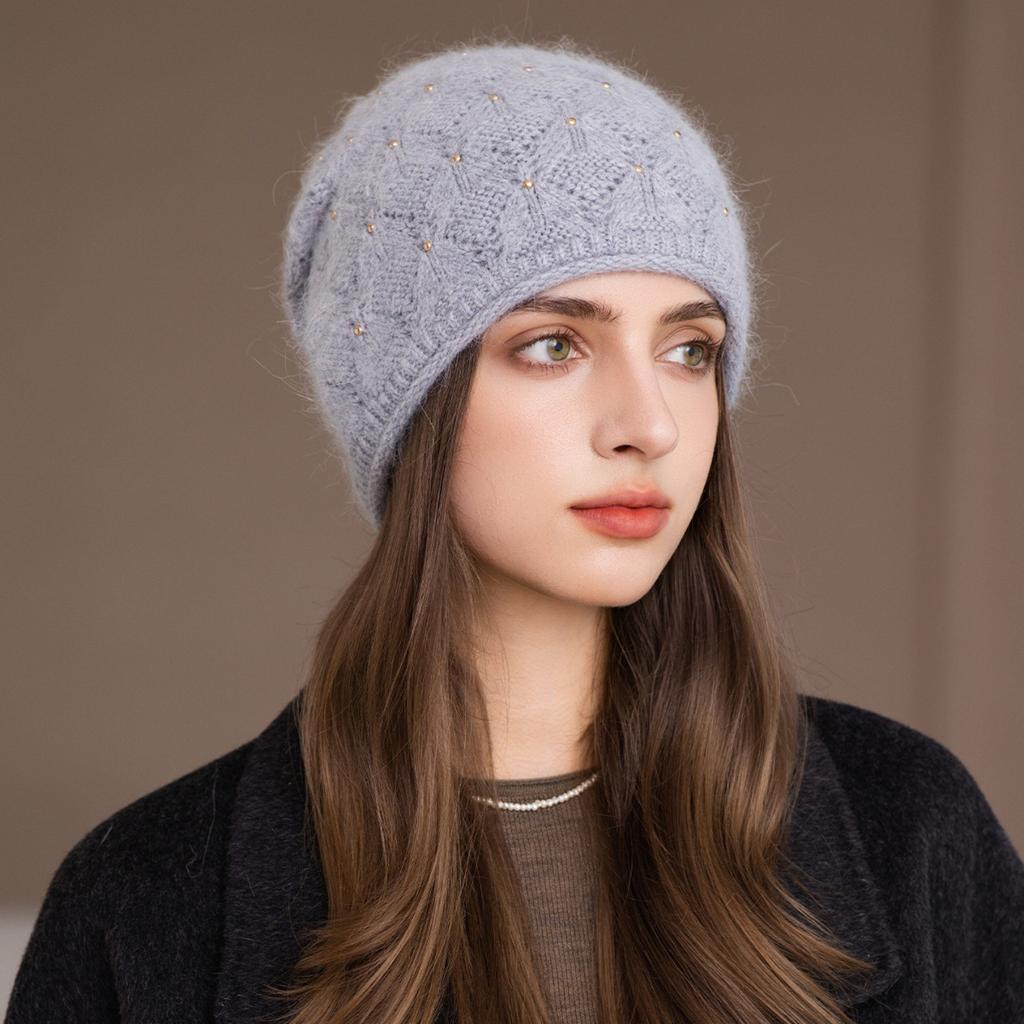 New Rabbit Fur Hat Women's Winter Warm Knitted Headhat Beret Winter Beret for Middle-Aged and Elderly Ladies, Autumn-Winter Season