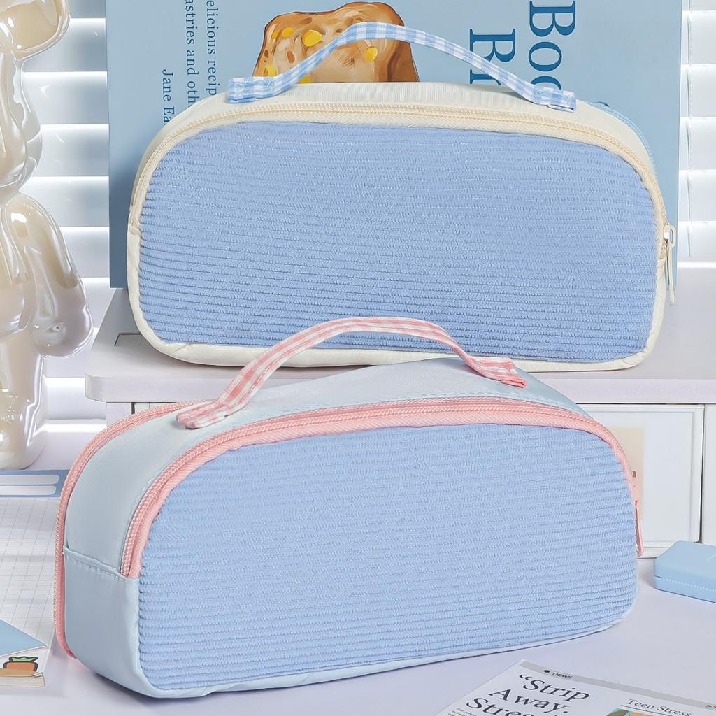 Cute Checkered Window Pencil Case with Handle Multilayer Large Capacity Storage Pouch Contrast Color Design Multi-Function A3224