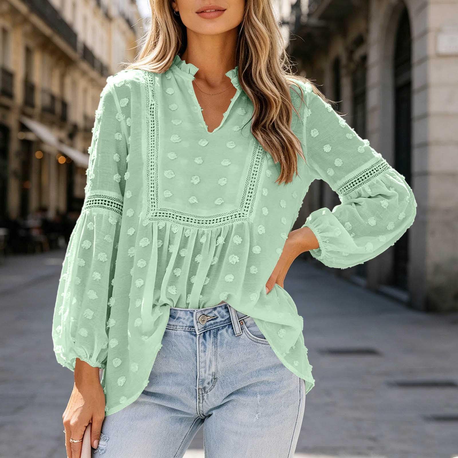 Women s Casual Loose Fit Long Sleeve Blouse with Lace Trim XXL