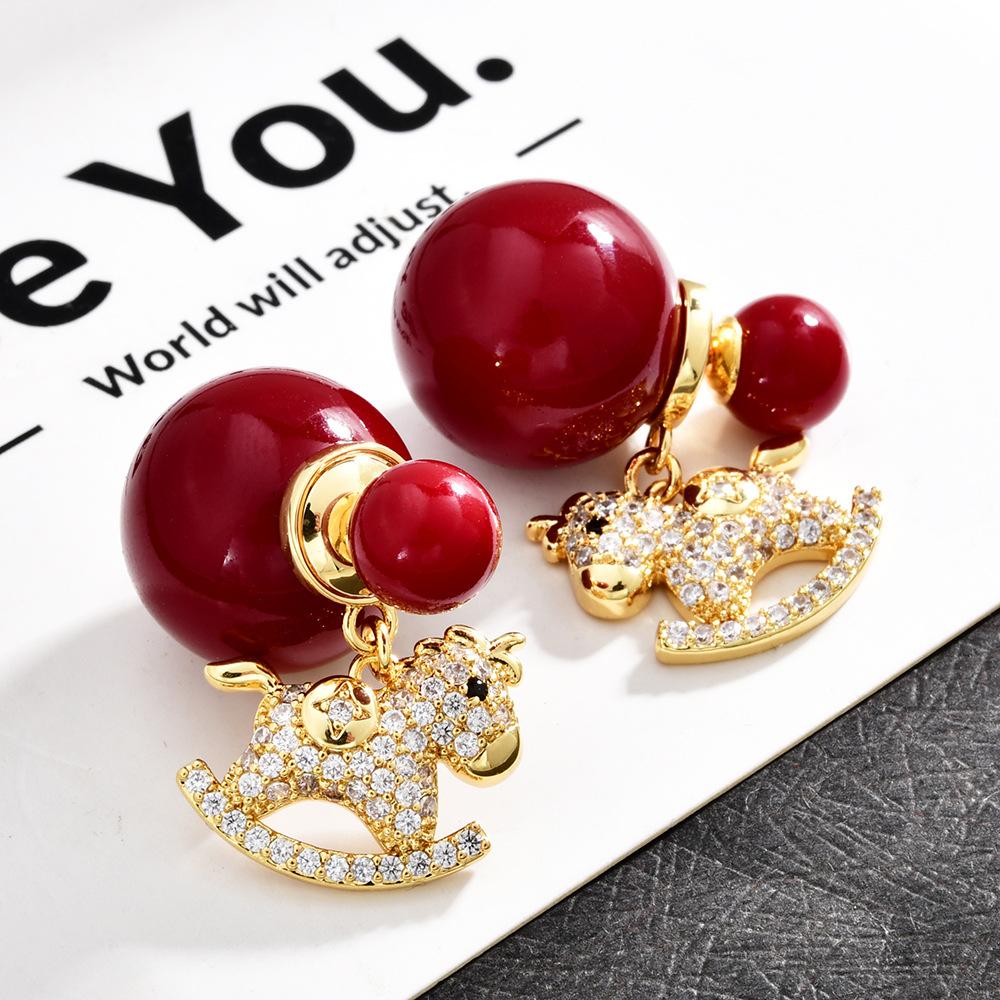 2026 Festive Red Pearl Stud Earrings Zircon Rocking Horse Front-to-Back Drop Earrings for Women
