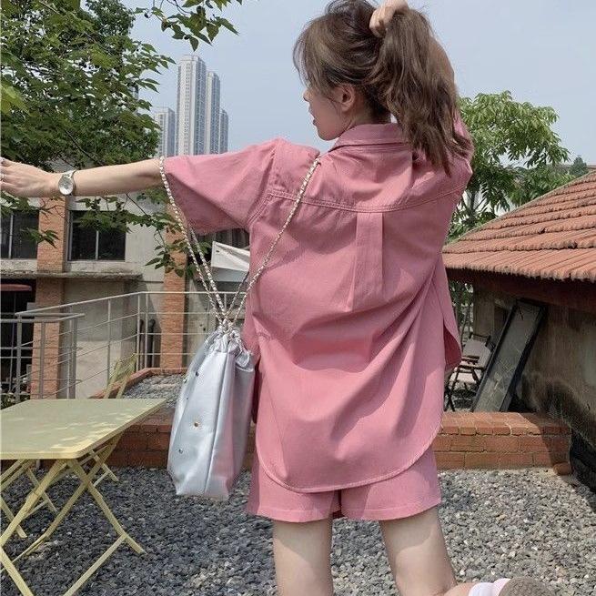 Dopamine Pink Casual Denim Short-Sleeve Jacket & Shorts Set