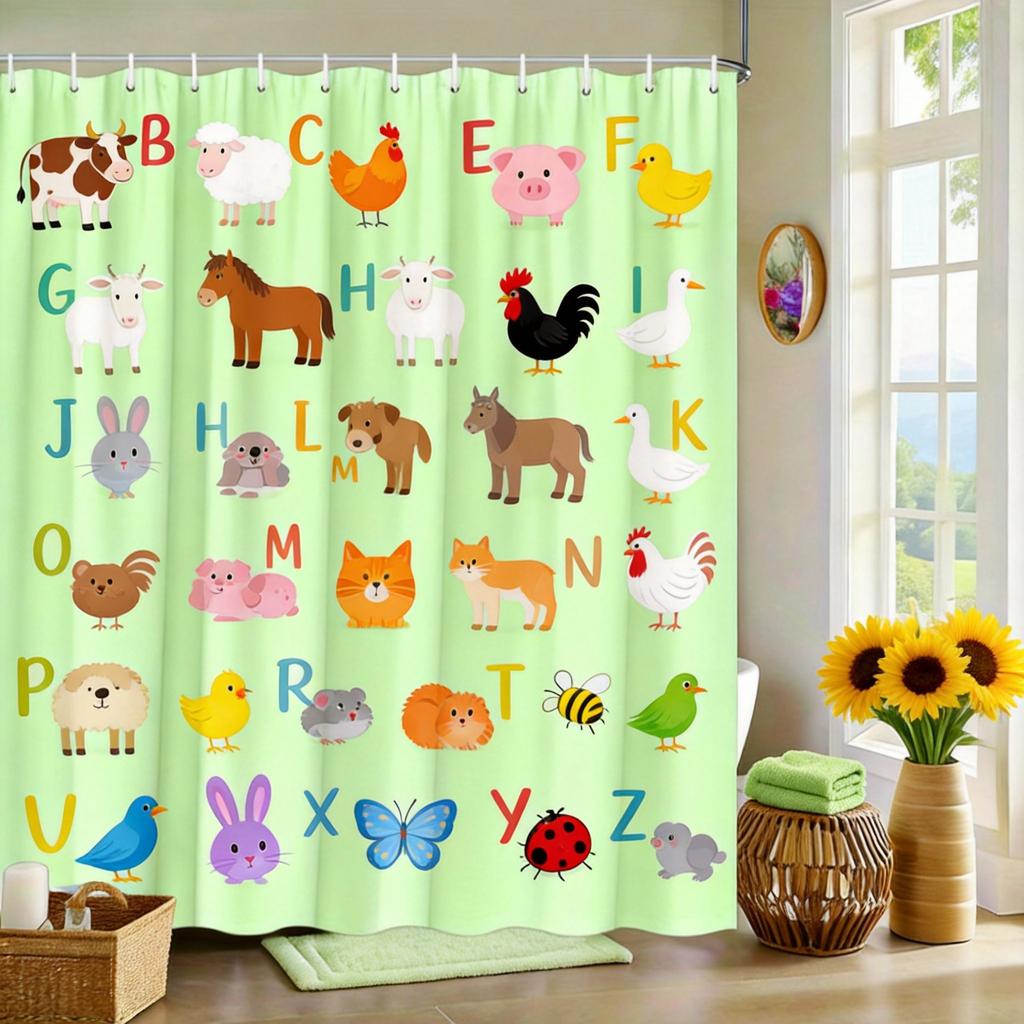 Animal Alphabet Shower Curtain Cute Cartoon Animals A-Z Print Polyester Bath Curtain with Hooks for Kids Bathroom Decor