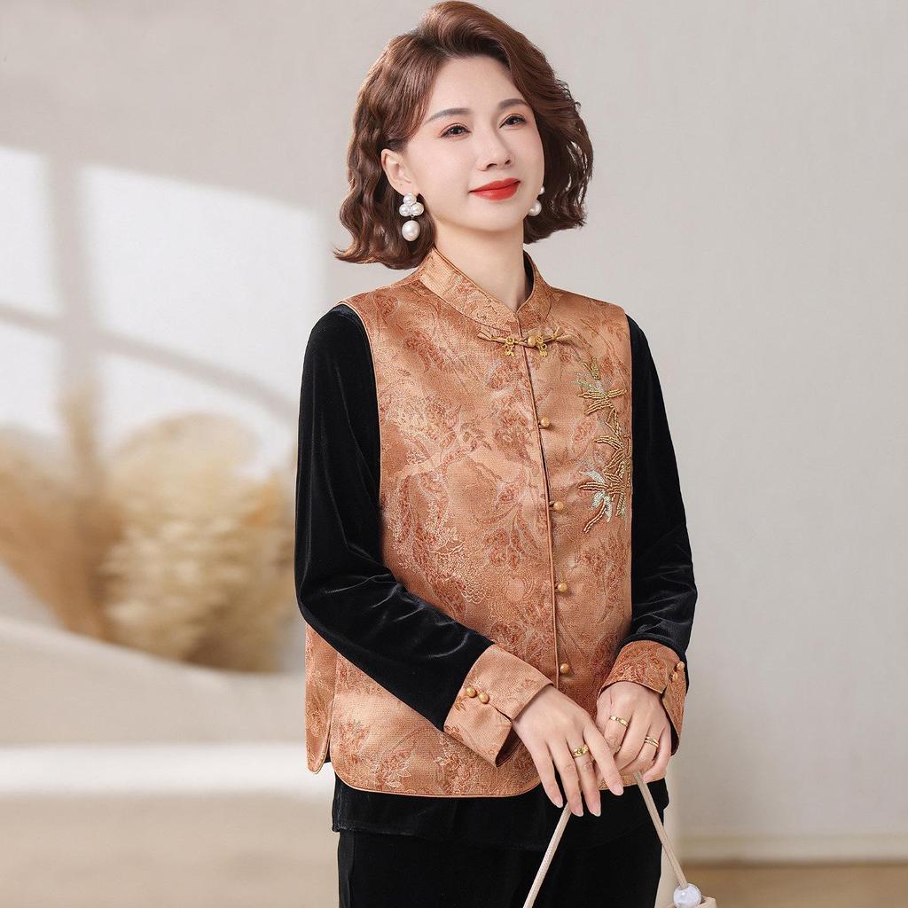 Gold Velvet Top: Elegant Chinese Style Spring & Autumn Jacket for Middle-Aged Women - Perfect Gift for Mother's Day