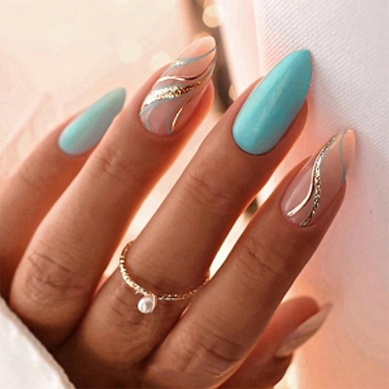 

Almond Mint Blue Marble Gold Glitter Press-on Nails - 24-Piece Set
