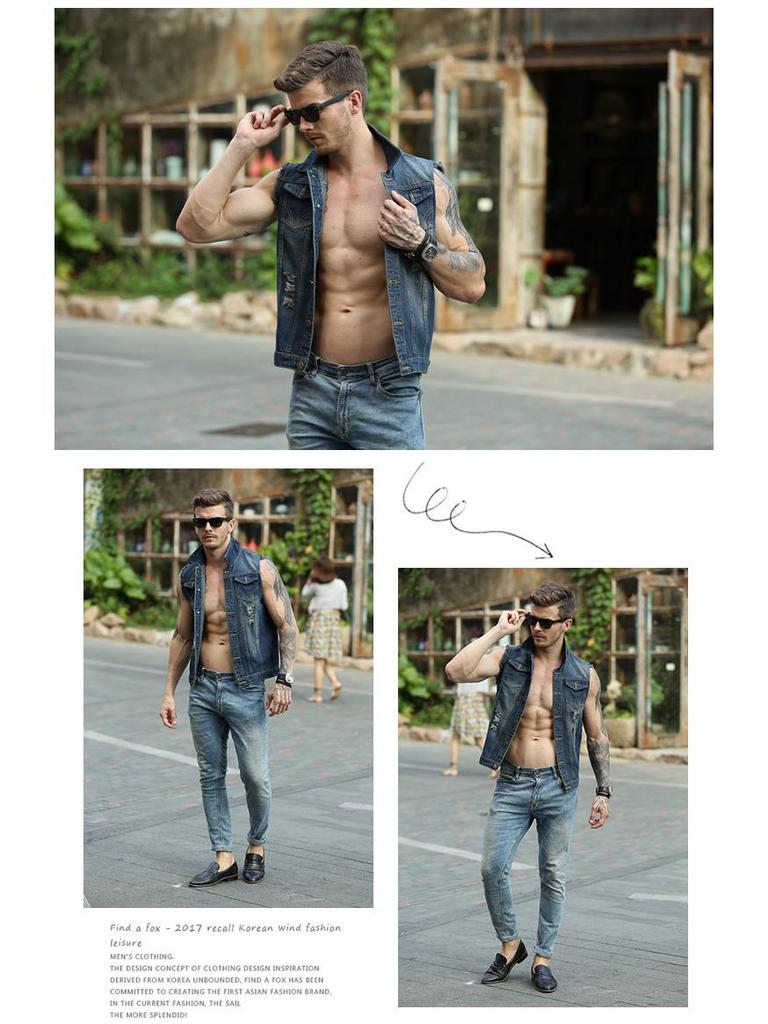 Pánská módní slim fit džínová vesta bez rukávů s roztrhaným efektem 2024: Vesta v korejském stylu s praným vzhledem pro jaro, léto a podzim