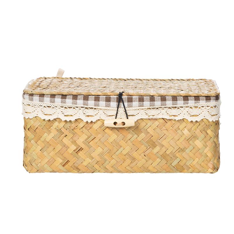 WCIC New Home Seagrass Handmade Straw Woven Storage Basket Desktop Storage Box With Lid With Checkered