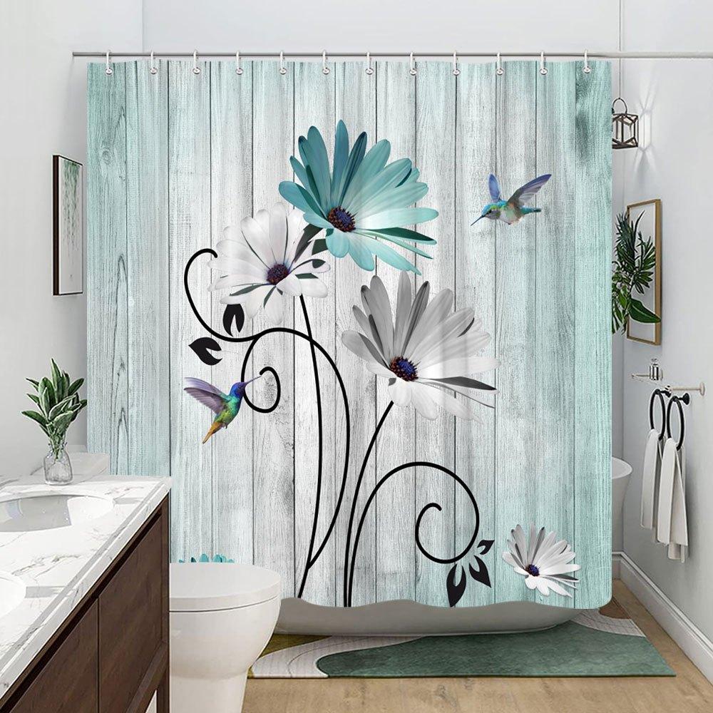 1 Hummingbird Floral Shower Curtain-Vivid white and light blue flowers with black swirling vines, 70x70 inches, polyester fabric