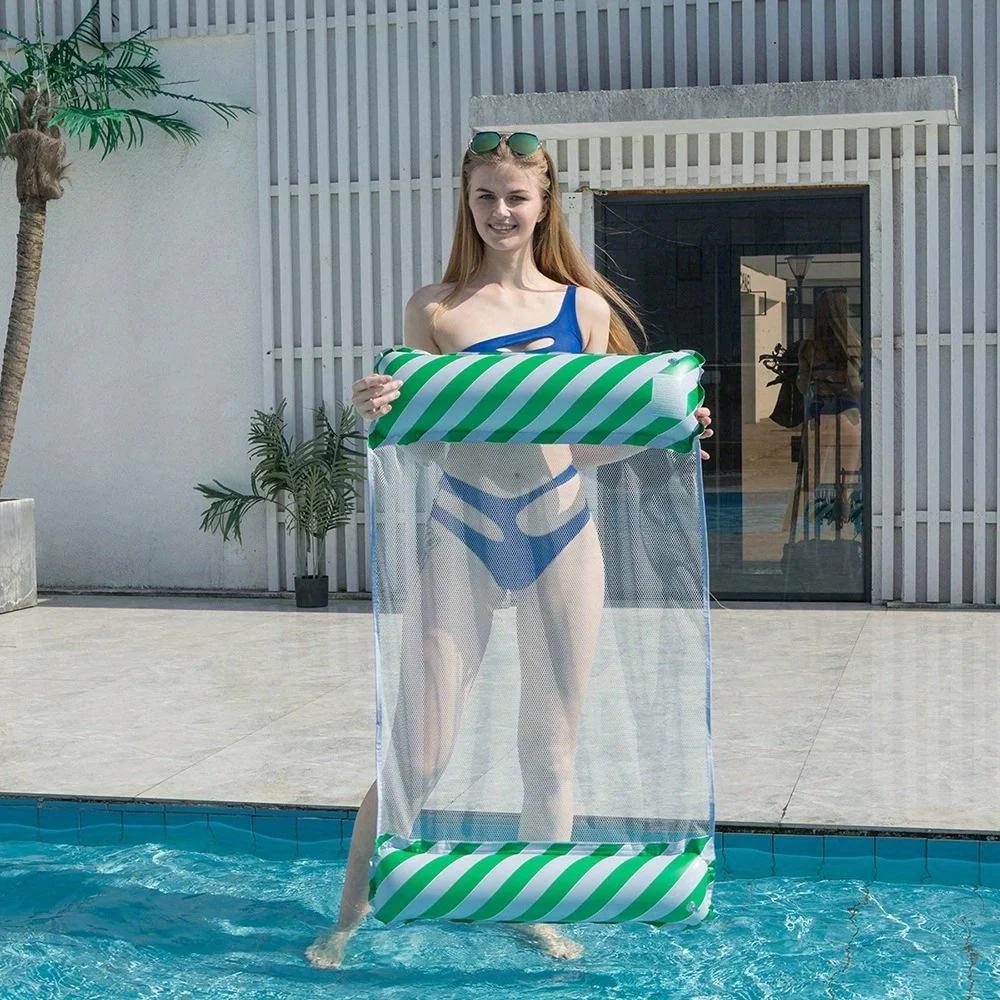 1PC Inflatable Water Hammock with Mesh Outdoor Foldable Striped Floating Bed Pool Lounge Chair for Beach Fun