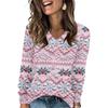 Women's Fashionable Loose-Fit V-Neck Long-Sleeved T-Shirt Christmas Print Pullover