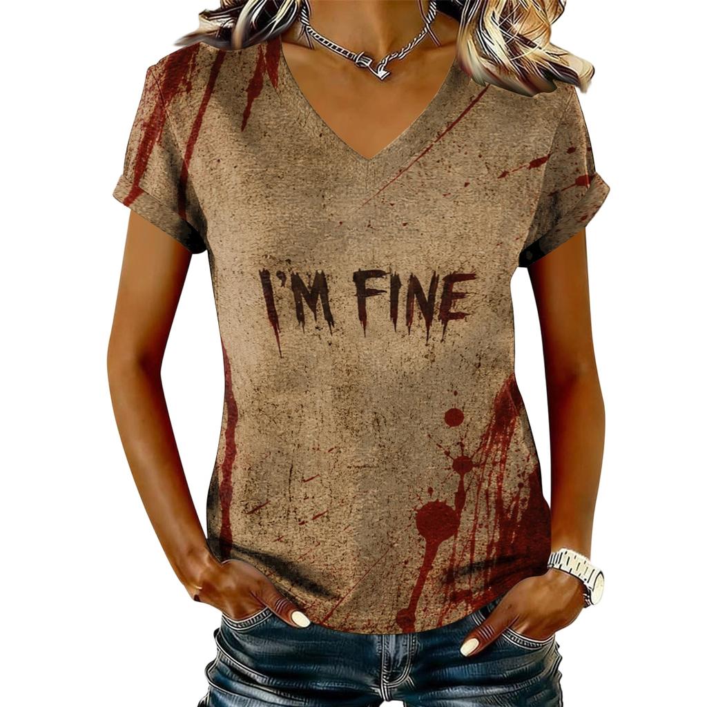 T-shirt décontracté à manches courtes et col en V pour femme avec imprimé Halloween
