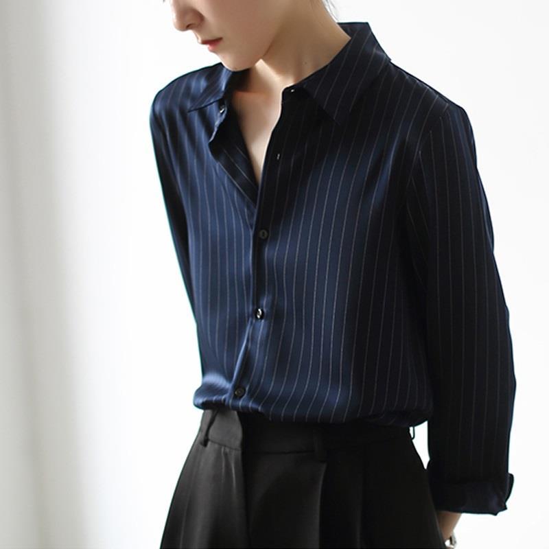 Unique Black Shirt for Women New Early Autumn Top Design Niche Sense Vertical French Stripe Shirt