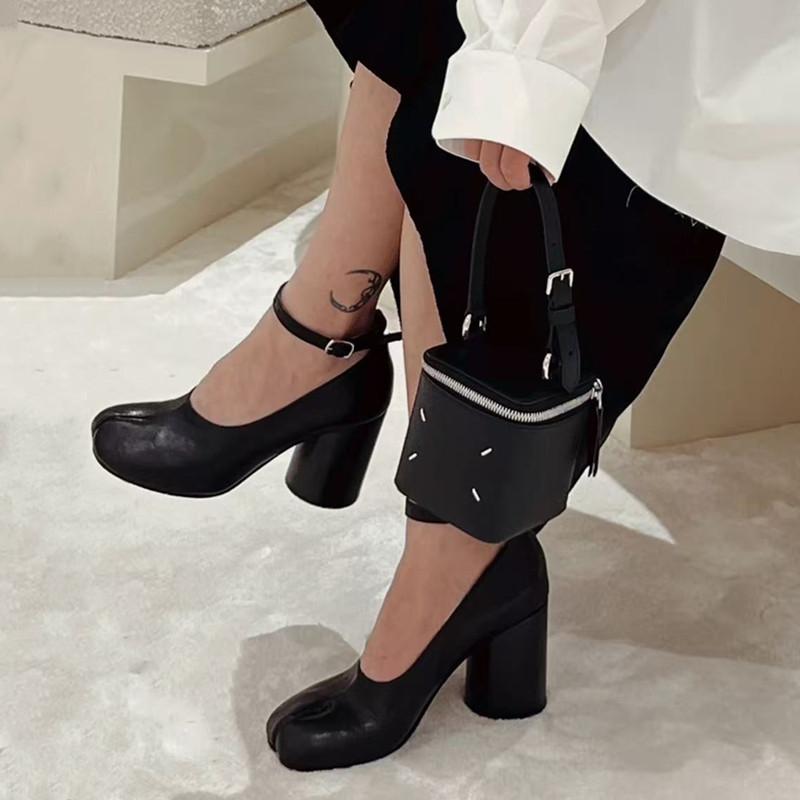 Fashion Fashion Ballet Style Split Toe Mary Janes Tabi Women Pumps Comfortable Soft Leather Ankle Strap Thick High Heels Chunky Shoes