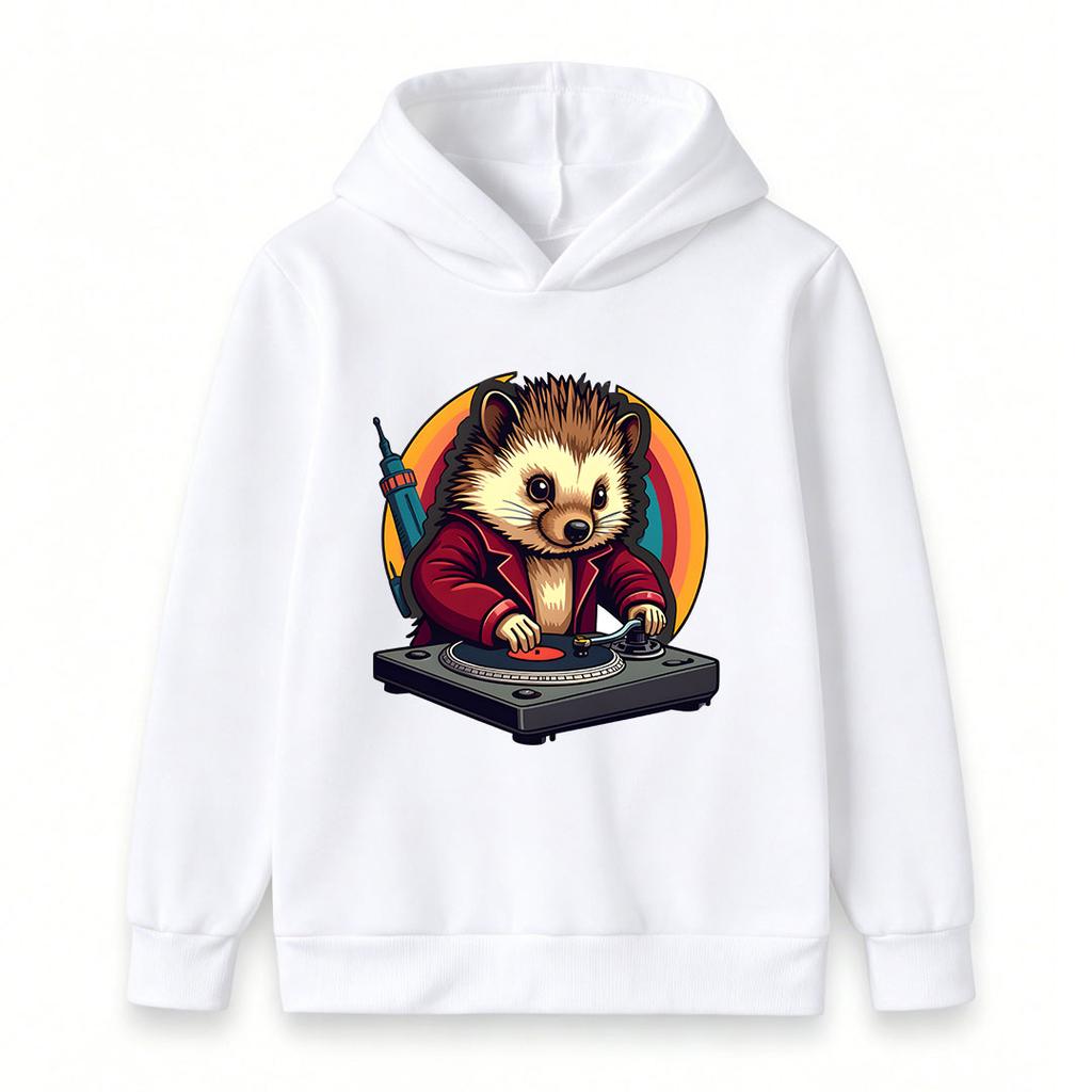 Kids Boys Girls Hoodie, Cute Hedgehog DJ Print Pullover Hooded Sweatshirt, Casual Long Sleeve Tops for Music Lovers Teen Children Daily Wear Party Gif