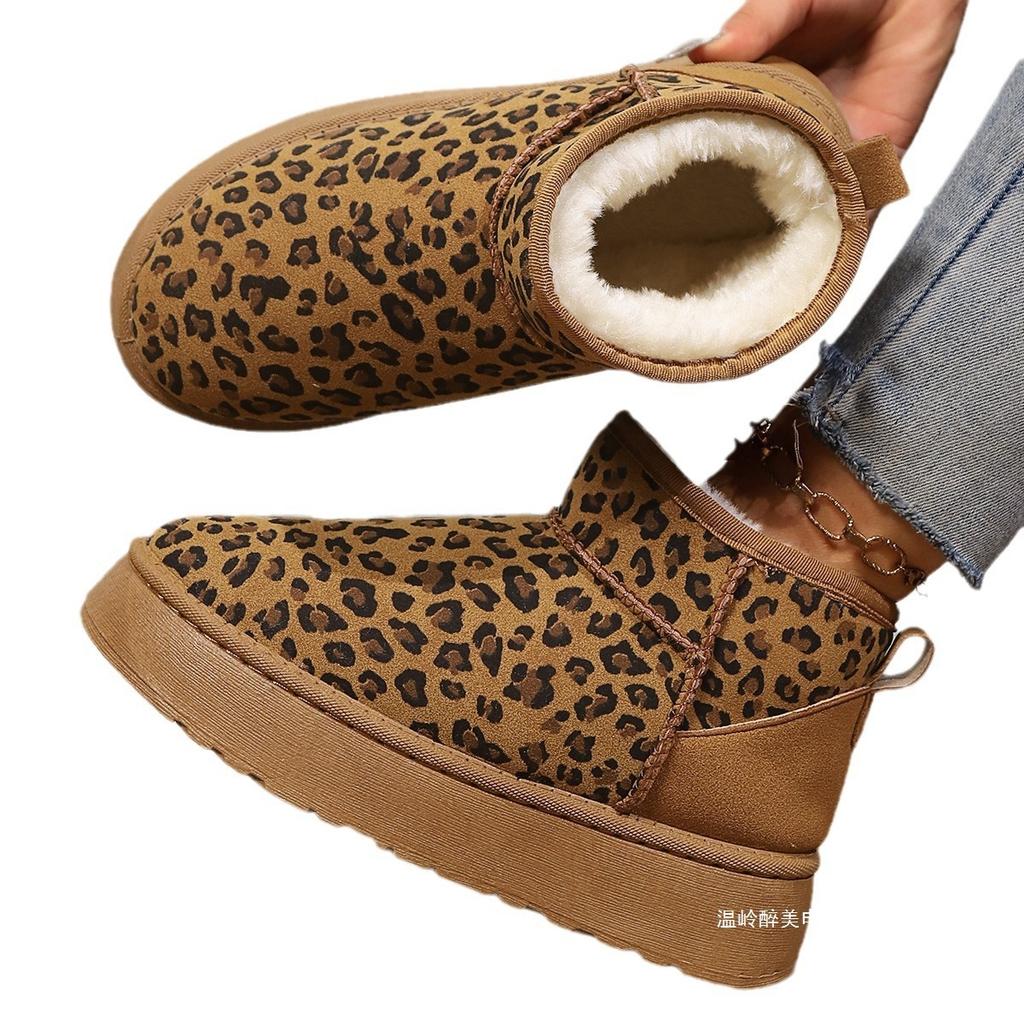 Utrikeshandel ny leopardmönster färgmatchning korta snökängor dam europeisk och amerikansk stil sammet varma muffinsbotten förtjockade bomullsskor wi
