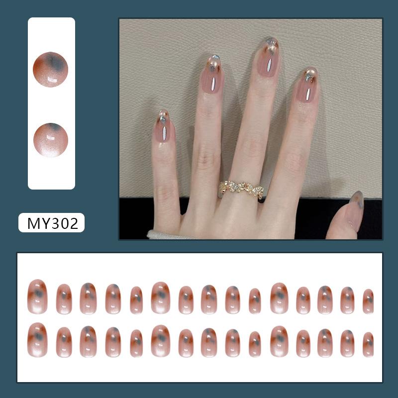 

Коричнево-синие ретро-ногти кошачий глаз с размытой атмосферой и темпераментом, съемные носимые ногти для девушки, 30 штук