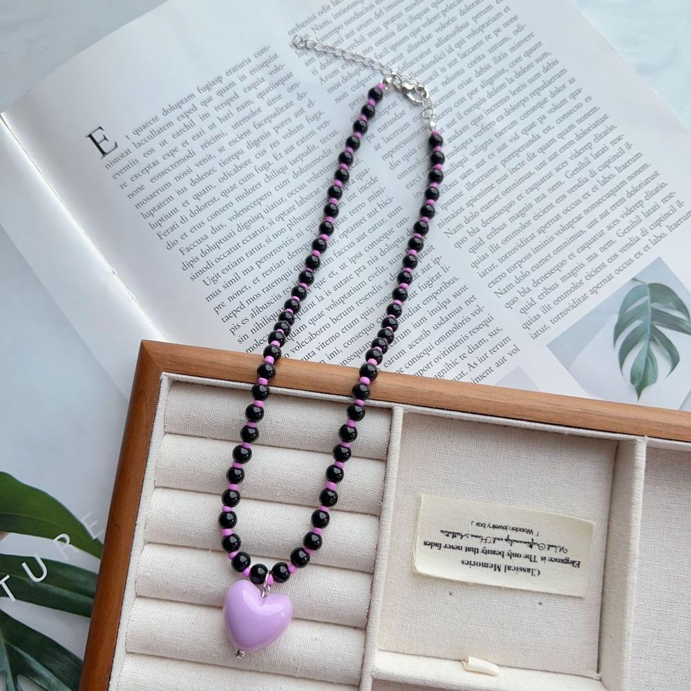 Acrylic Glass Beaded Chain Spring Summer Choker Necklace Fashion Heart Pendant Neck Accessories