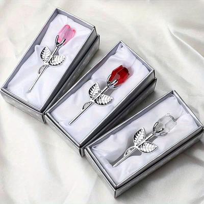 Valentines Day Gift Crystal Glass Rose Flower Figurines Craft Favors Lovers Gift Souvenir Wedding Decoration Ornaments Gift Box
