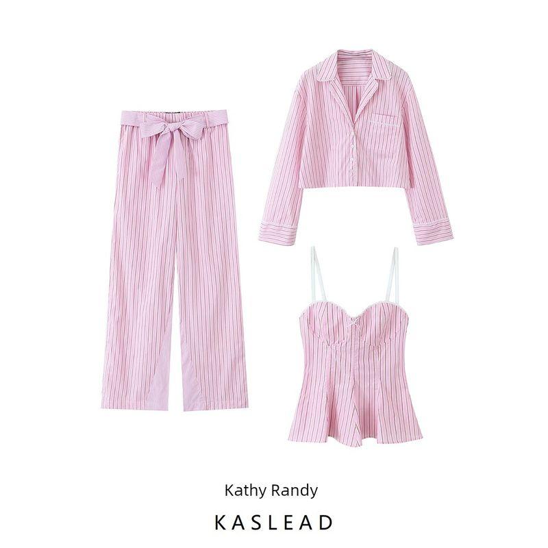 Kaslead New Women clothes Western Style Stripe Short Shirt Vest Casual Pants 2658899 2659899