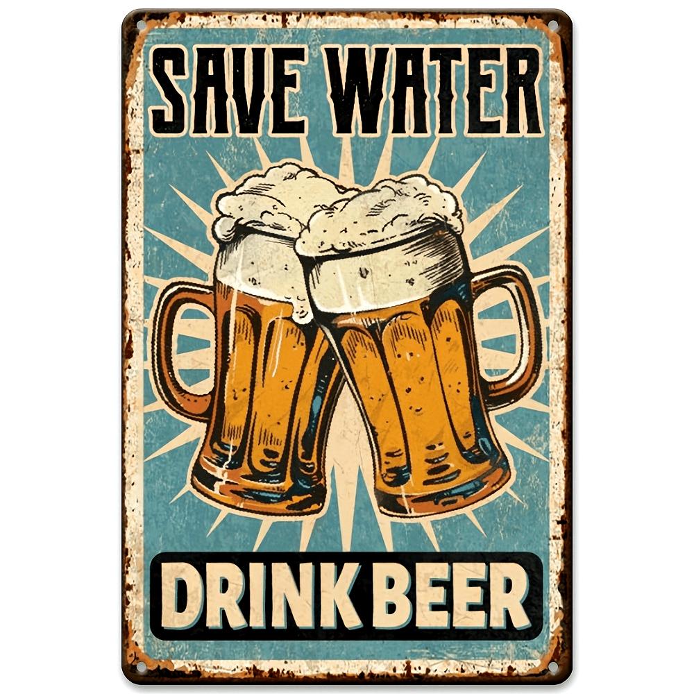 Save Water Drink Beer" Vintage Metal Wall Sign - Rustic Blue & White Retro Art with Foam Bier Illustration, Christmas Decor