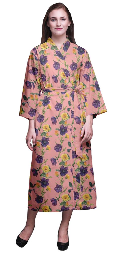 Bimba Light Purple Floral Leaves & Tazetta Daffodils Long Robes For Women Printed Bride Getting Ready Bridesmaid Robes Cotton Bathrobes