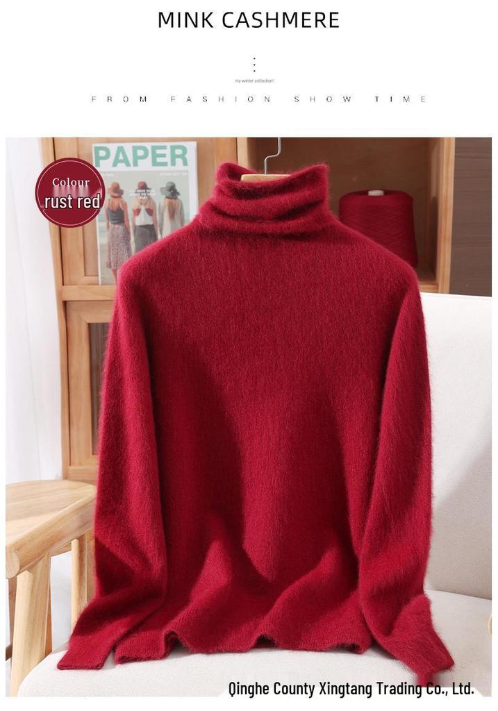Mink Velvet Women's High Neck Rabbit Fur Knit Sweater, Slim Fit Cashmere Base Layer