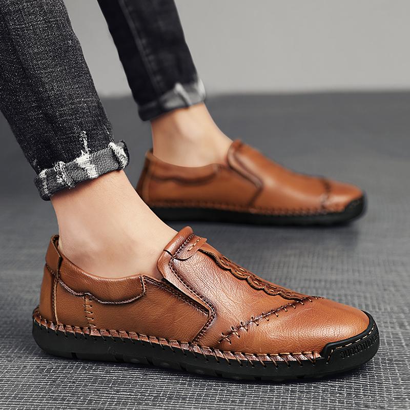 Brown Handmade Leather Men Shoes Casual Slip On Lazy Loafers Driving Breathable Outdoor Flats Hot Sale Moccasins Plus Size 48
