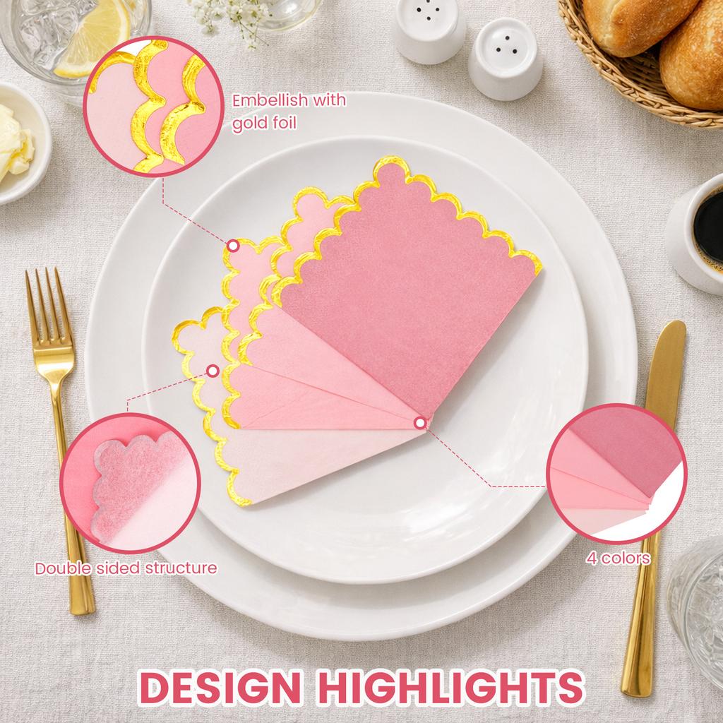 100 Pcs Cocktail Napkin 5 Inch Scalloped Edge Cocktail Napkins Reusable Scalloped Party Paper Napkin for Party Wedding Birthday