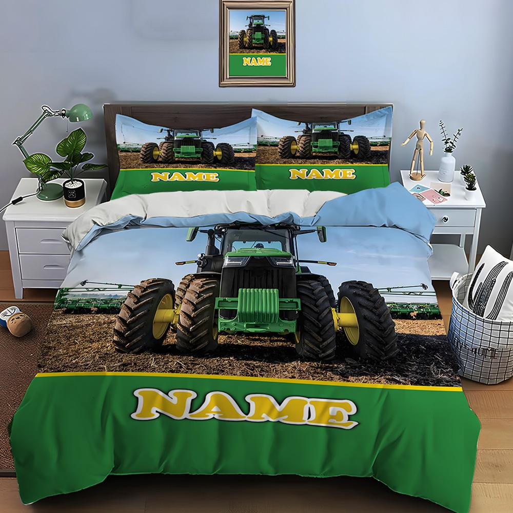 Custom Name Quilt Cover Tractor Bedding Set 3 Pieces Setting Bed King Size Pillowcase Adult Bed Cover Bedroom Bed Set