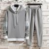 2Pcs/Set Men Letter Color Block Casual Sportwear Hooded Drawstring Long Sleeve Pullover Sweatshirt Elastic Waist Pockets Jogger Pants Set