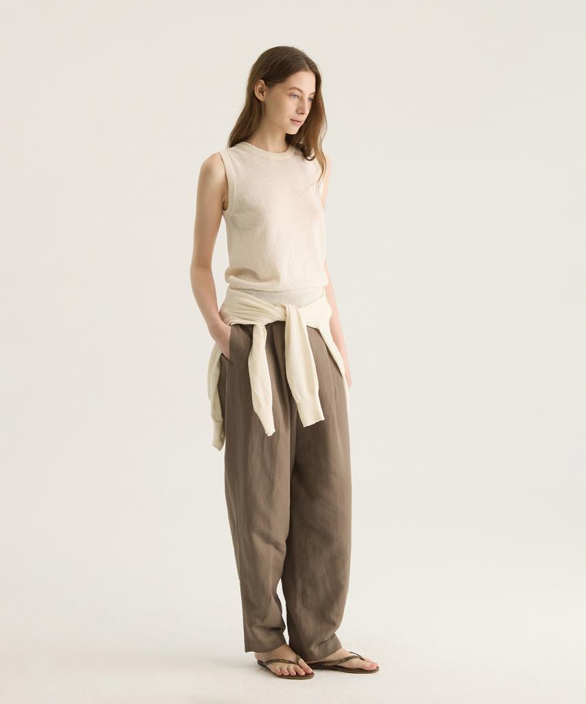 Oatmeal Cafe Linen Round Neck Cardigan - Ivory