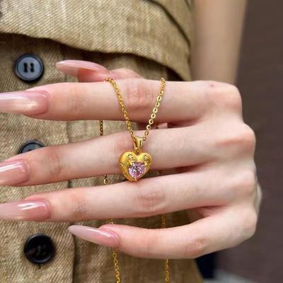 Golden Heart Pink Zircon Necklace & Ring Set - Elegant Light Luxury Jewelry Gift for Her
