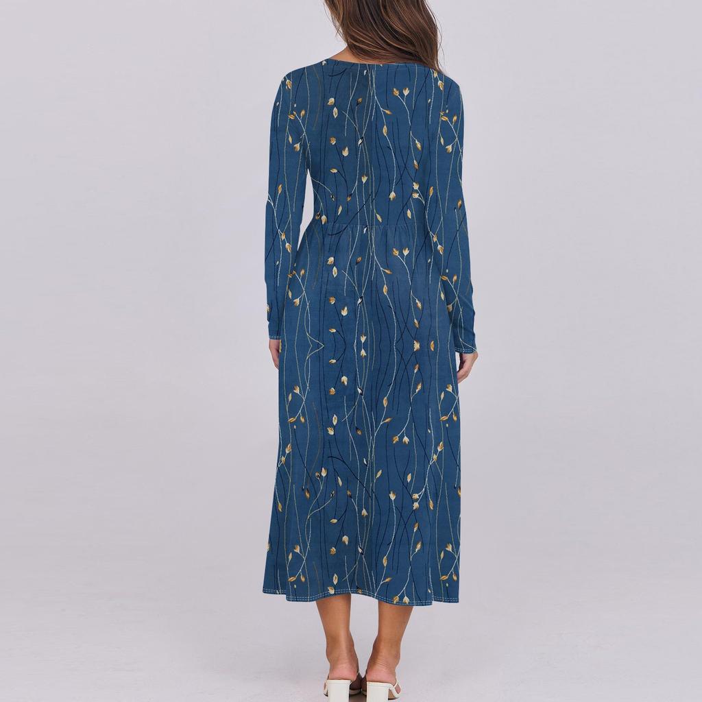 Rochie boho midi cu imprimeu floral, gradient pentru femei, ocazional, cu maneca lunga, rochii fluide fumate, cu buzunar Rochii de vacanta pentru femei