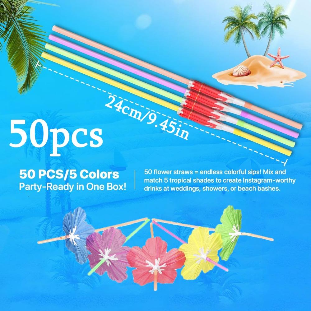 

50pcs Fun Umbrella Drink Straws Tropical Cocktail Straws with Mini Umbrella Tiki & Hawaiian Party Decorations Colorful Parasol Straw 50pcs