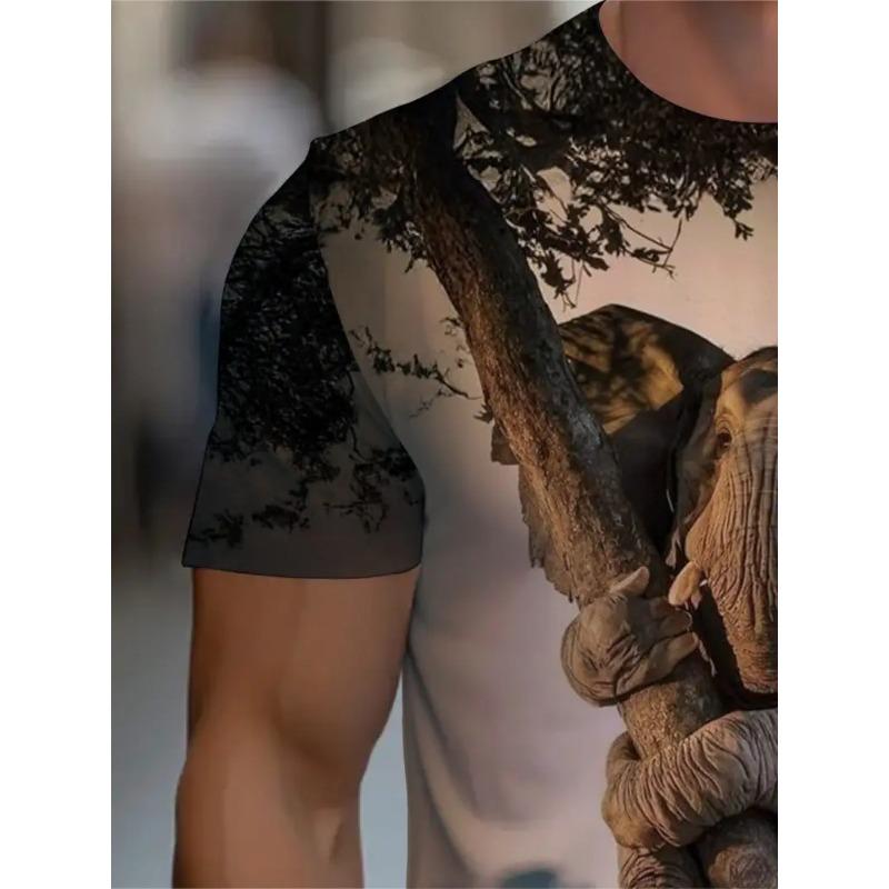 Men's 3D Elephant Print T-shirt Short Sleeved T-shirt Breathable Polyester Round Neck Casual Streetwear Top