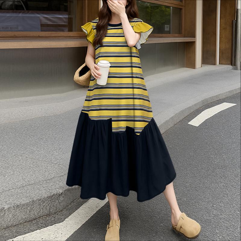 ZANZEA Women Round Neck Ruffles Short Sleeve Casual Stripe Patchwork Long Dress