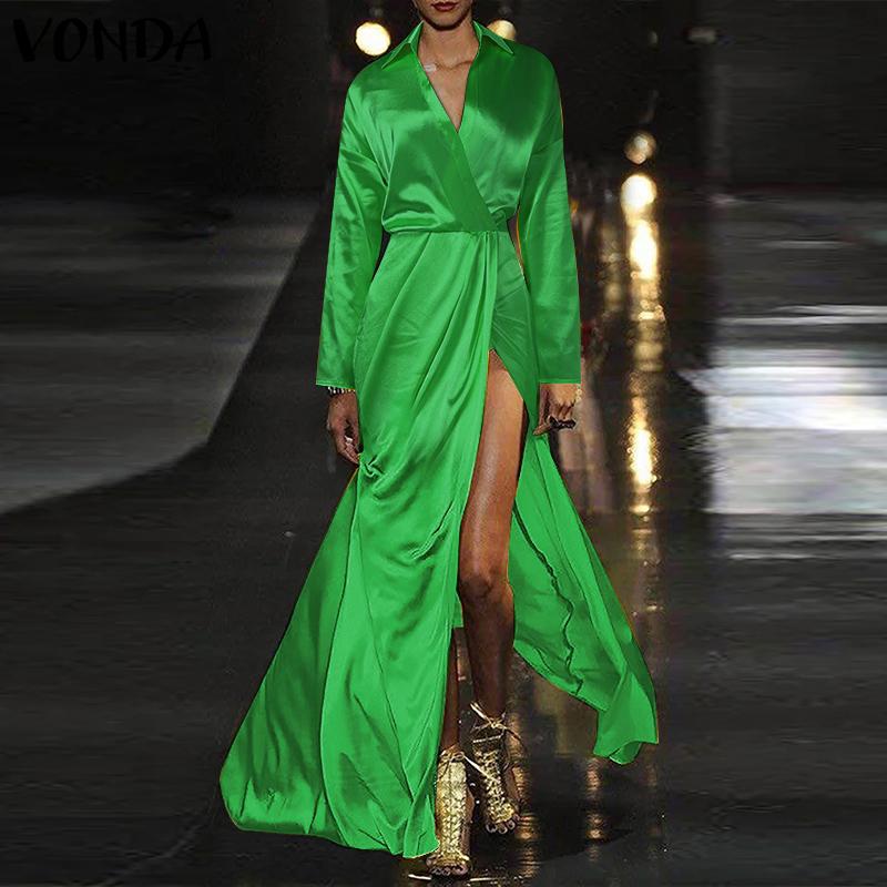 VONDA Vestido camisero de manga larga de satén con abertura en color liso a la moda para mujer