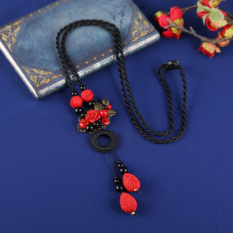 Handmade retro cinnabar flower necklace sweater chain long female temperament classical earrings set with accessories