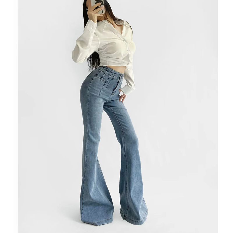 Spring and Summer New Women's Clothing French Retro Washed Effect Hip Raise Slim Fit Slim Looking Horn Hem Length Denim