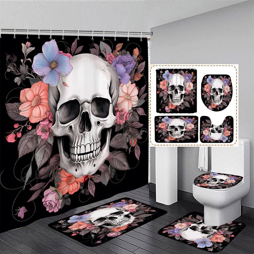 Floral Skull Shower Curtain Set Butterfly Moth Pink Mushroom Flower Skeleton Halloween Home Bathroom Decor Bath Mat Toilet Cover