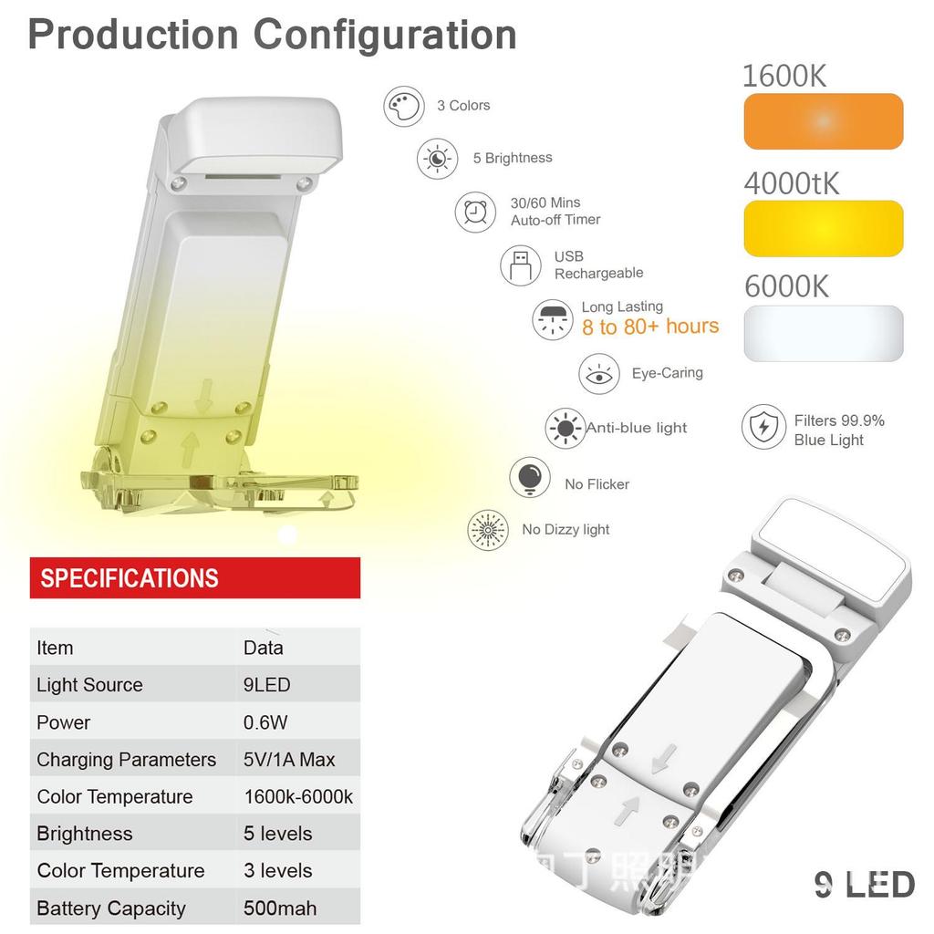 Portable USB Rechargeable Mini LED Book Light Clip with Eye Protection