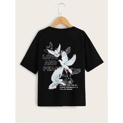 Cartoon-Taube und Buchstabendruck Drop-Shoulder-Kurzarm-T-Shirt Lässig vielseitig Geeignet für lässige Alltagsmode im Sommer