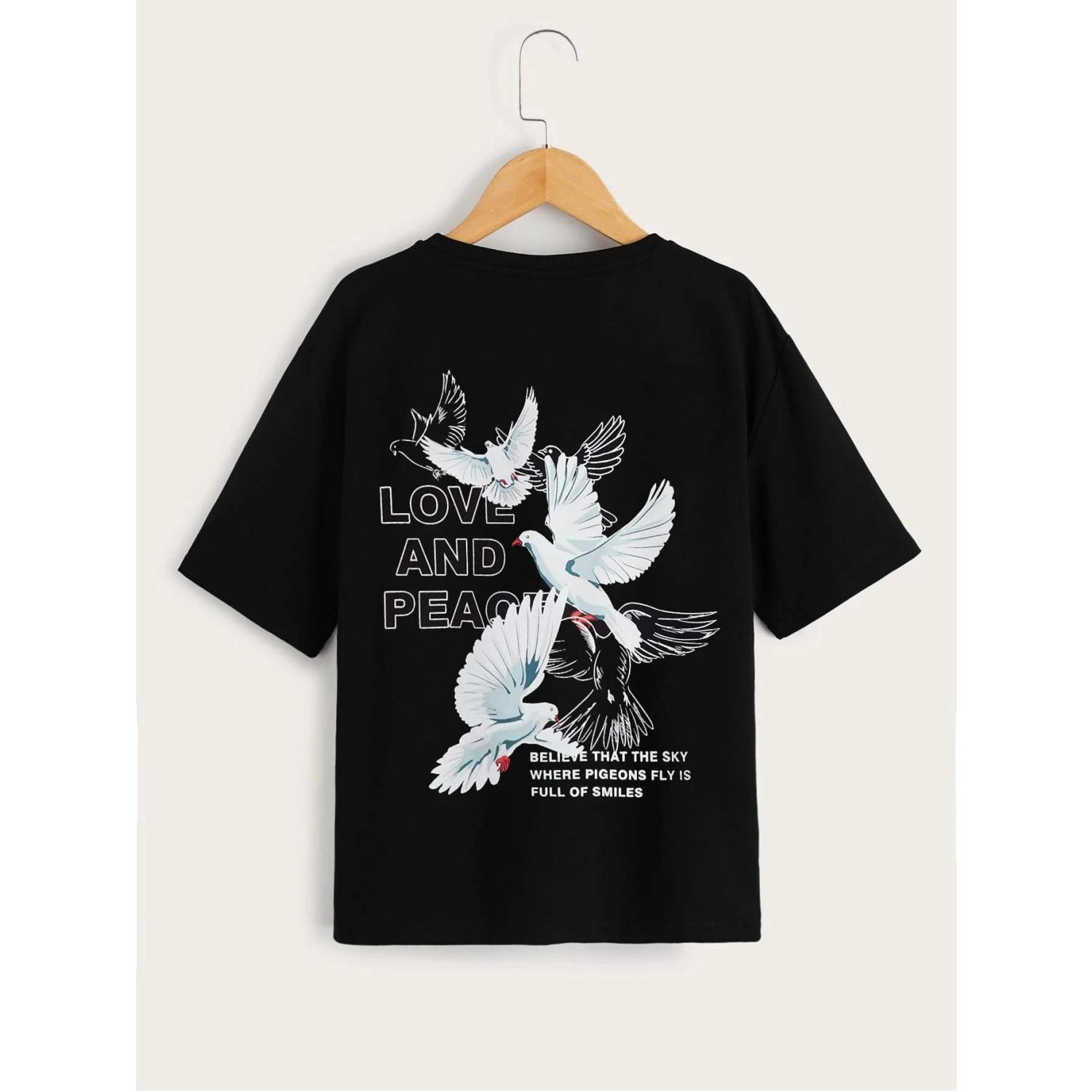 

Cartoon pigeon and letter print drop shoulder short sleeve T-shirt Casual versatile Suitable for casual daily wear in summer S чёрный