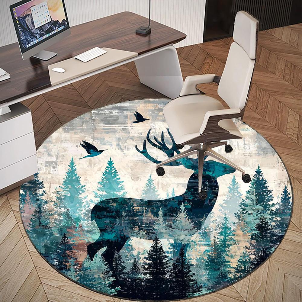 1PC Deer Forest Office Round Area Rug, Under Office Chairs Bedroom Living Room Home Decor,Carpet for Office, -1110240
